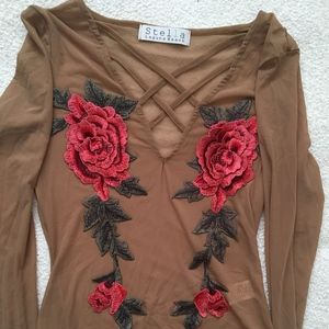 Stella Laguna Beach Nude Bodysuit With Red Roses